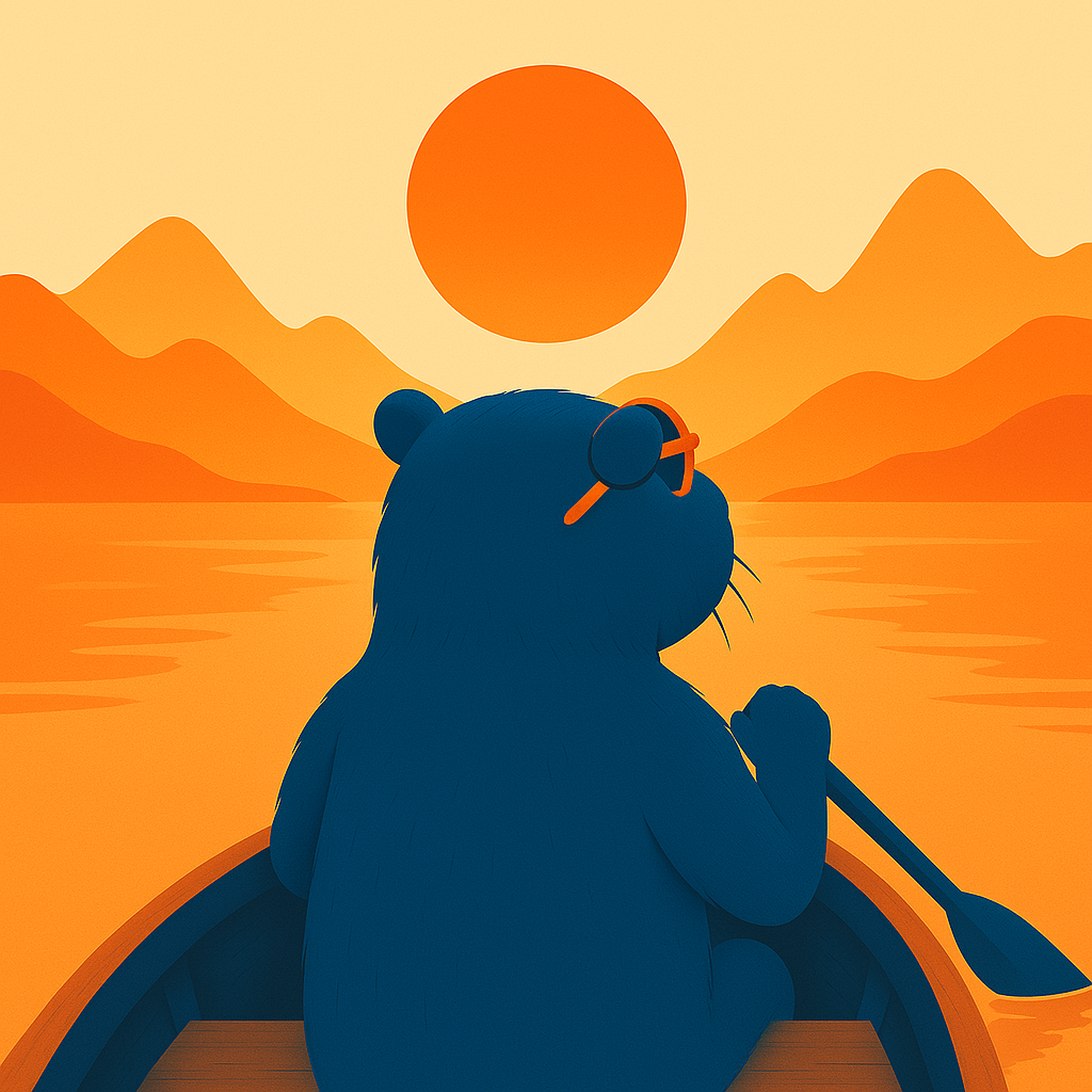 Blue bear in a boat paddling through orange sunset