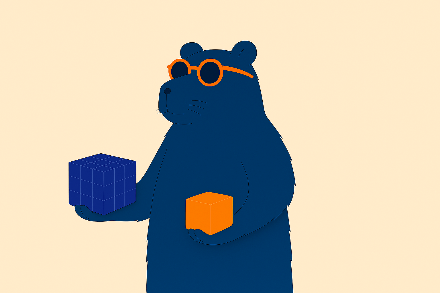 Blue bear with orange glasses holding blue and orange cubes